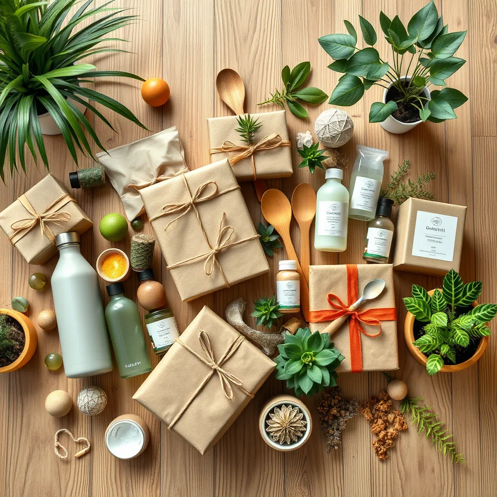 An array of eco-friendly gifts beautifully arranged on a natural wooden table. Items like reusable bottles, bamboo utensils, and organic skincare products should be featured, with plants and earthy tones enhancing the eco-conscious theme.