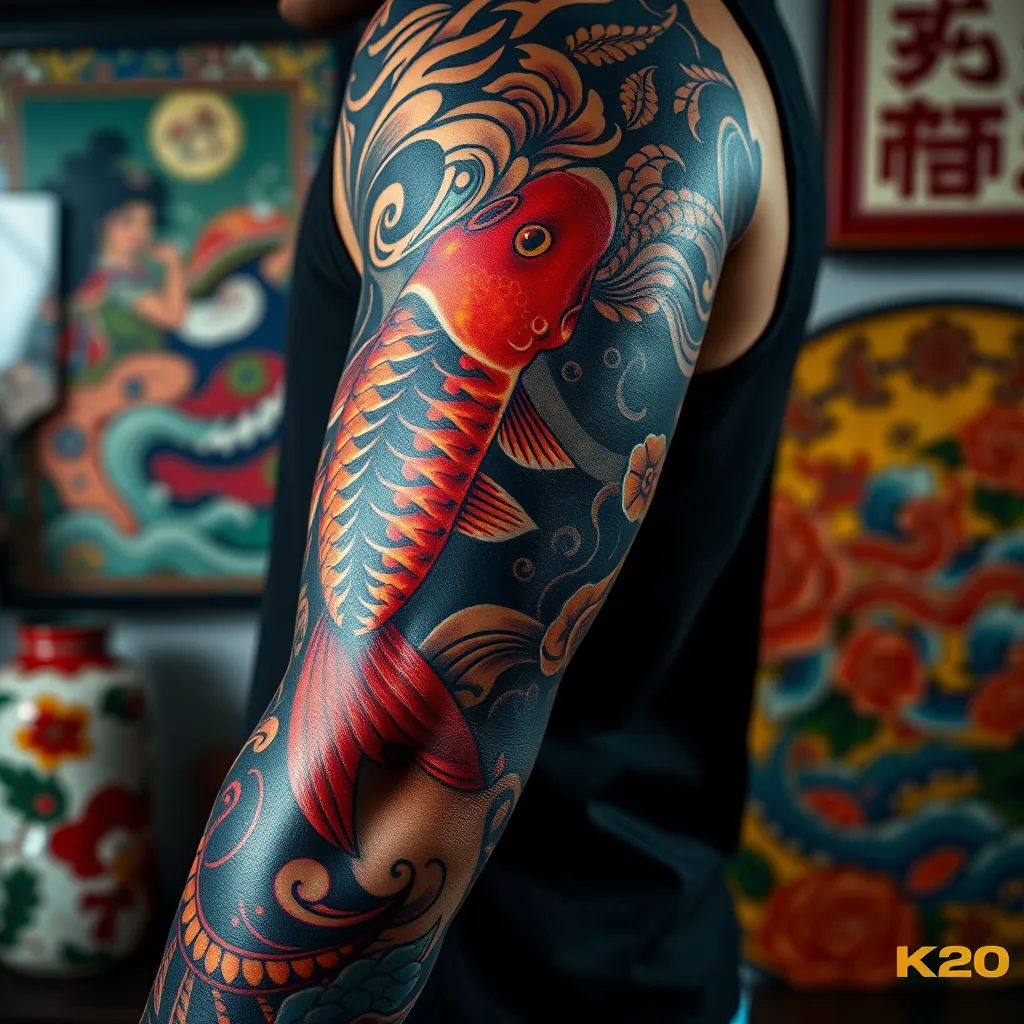 An artistic close-up of a tattoo sleeve featuring a blend of traditional Japanese koi fish and intricate tribal patterns. The tattoo is vibrant, with rich colors and details, on a client's arm, surrounded by cultural art pieces in the background.