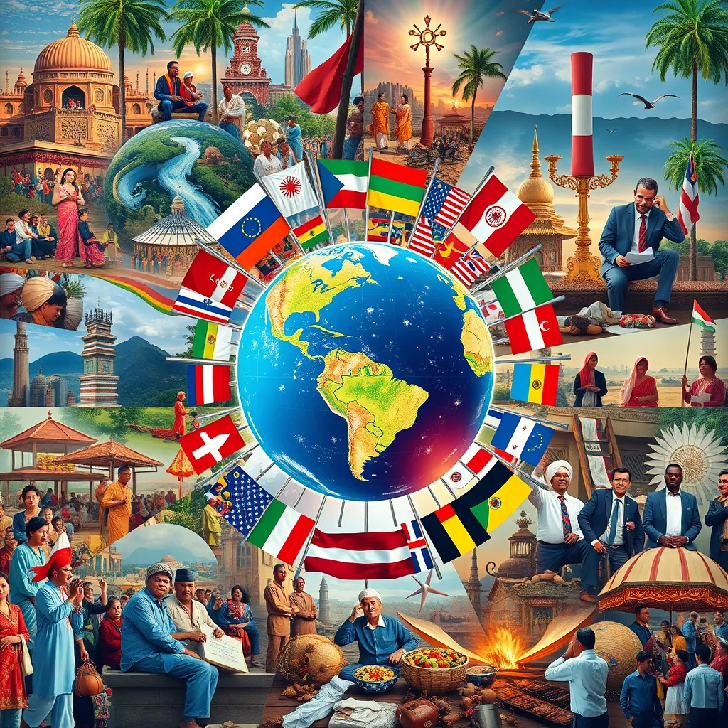 An artistic collage illustrating various cultural scenes from around the world, such as traditional festivals, cuisine, and daily life activities. In the center, a stylized globe surrounded by colorful flags, representing unity through diversity in news reporting.