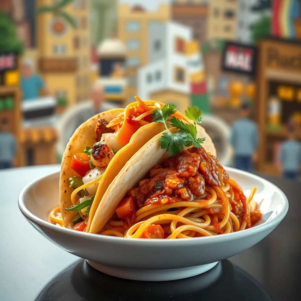 An artistic representation of a fusion dish that combines elements from different cuisines, such as a taco filled with sushi ingredients or a pasta topped with traditional Indian curry, presented in an elegant dish against a multicultural backdrop.