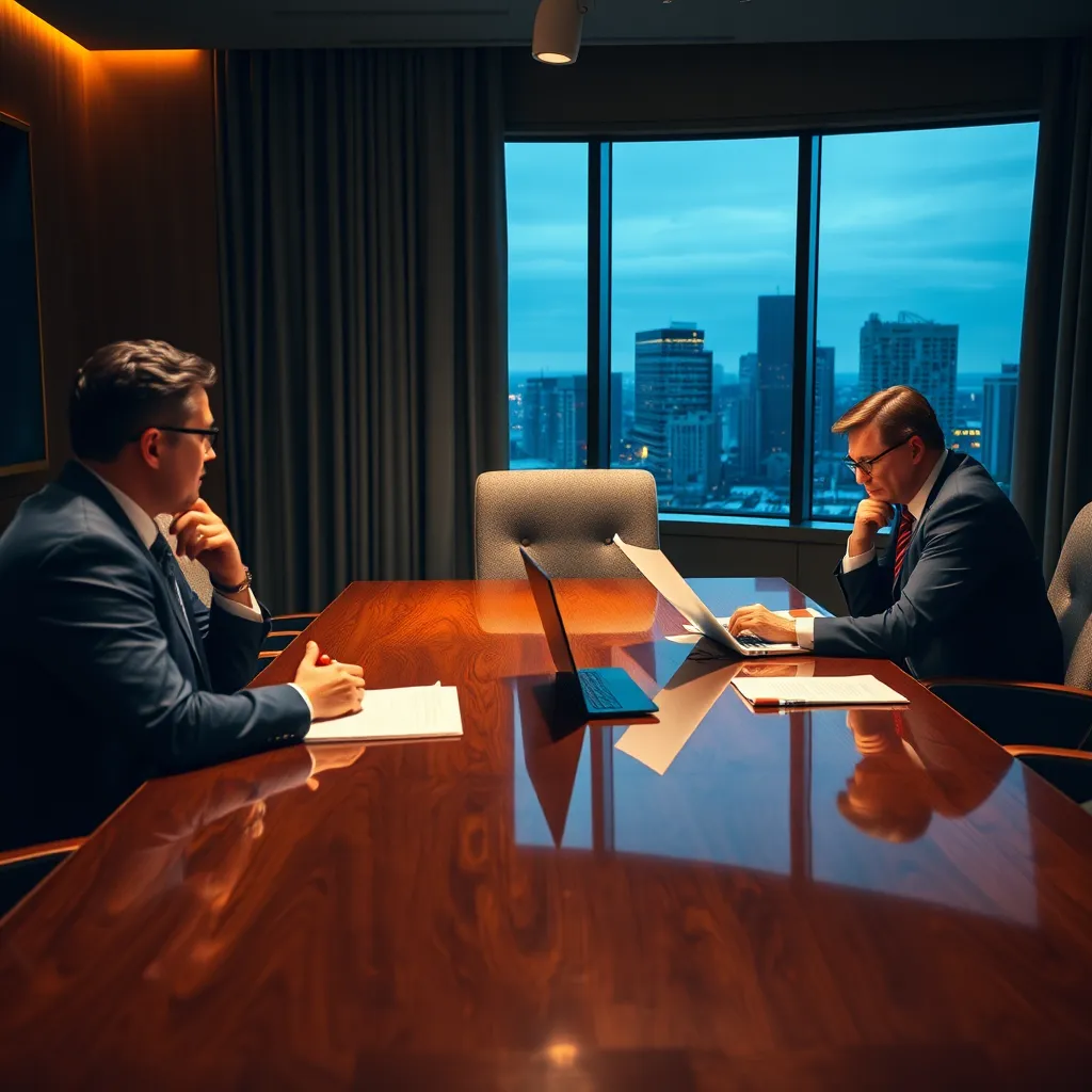 An attorney representing a client in a formal meeting room, discussing IRS audit documents. The attorney, dressed in a tailored suit, gestures confidently while seated at an elegant conference table. The lighting is dramatic side lighting that highlights the intensity of the discussion. The color scheme uses deep blues and golds, symbolizing trust and professionalism. The camera perspective is at eye level, capturing both the attorney's engaging expression and the client's anxious demeanor. The table is adorned with legal pads and a laptop, while a large window reveals a cityscape outside, adding depth to the scene. The texture of the fabric-covered chairs contrasts with the polished wood of the table. The image must be ultra-high quality and hyper-realistic, rendered in 8K resolution.