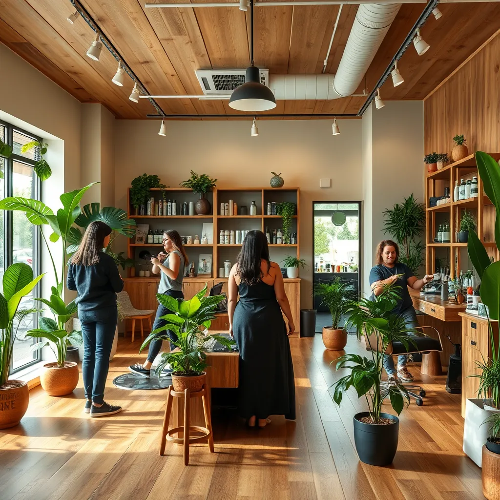 An eco-friendly salon interior in Seattle, with natural wooden flooring and furniture. Plants are placed around the salon to enhance the green aesthetic. Shelves are stocked with organic hair and beauty products. Stylists are engaging with clients in a warm, Earth-toned setting that evokes environmental consciousness.