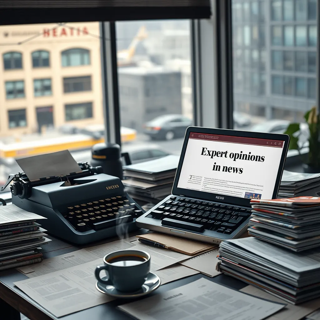 An editorial desk cluttered with papers, a typewriter, and a laptop displaying an article titled 'Expert Opinions in News'. A steaming cup of coffee sits next to a stack of magazines, conveying a sense of deep focus and intellectual engagement. A large window shows city life outside.
