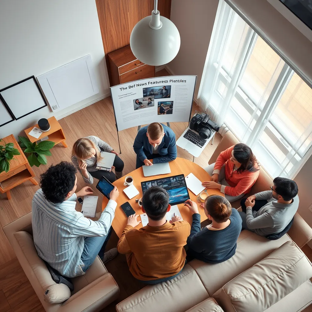 An editorial team brainstorming video news features in a modern office, surrounded by storyboards and laptops. The room is brightly lit with soft diffused lighting to create a collaborative atmosphere. Capture the scene from an overhead angle, showing diverse team members engaged in passionate discussion. The color palette should include warm tones of wood and soft pastels, promoting a creative mood. Pay attention to textures such as the sleek surfaces of the furniture and textiles of clothing. Include detailed elements like coffee cups, notes, and camera equipment scattered around. Style the image in the manner of contemporary lifestyle photography, ensuring it is ultra-detailed and rendered in 8K resolution.