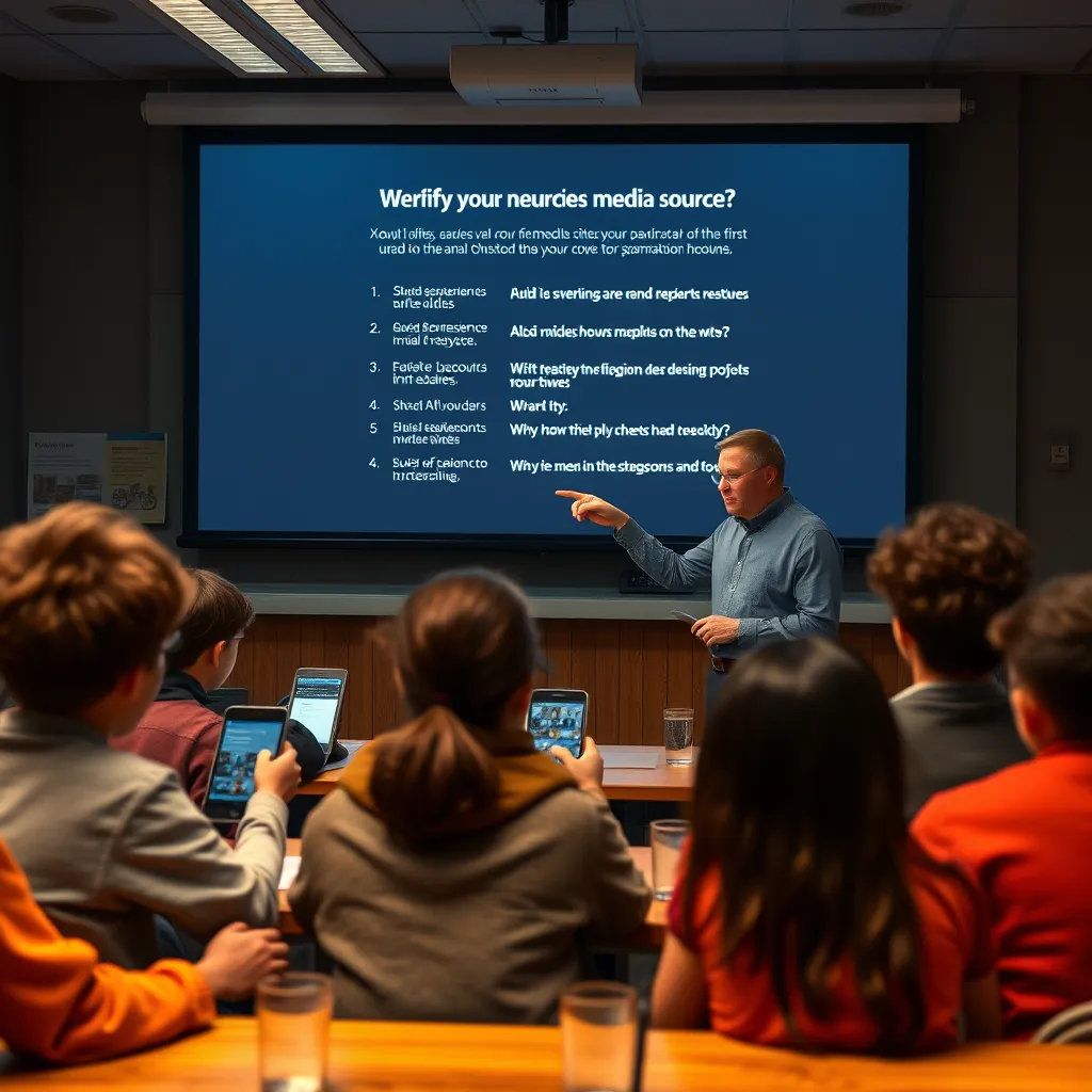 An educator standing in front of a classroom with diverse students, pointing to a projector screen displaying a step-by-step guide on verifying media sources. Students are actively engaging with their devices, fact-checking information.