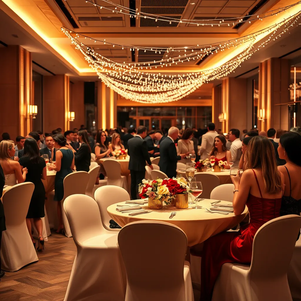 An elegant cocktail event set in an upscale venue with a modern, chic design. The space is adorned with soft ambient lighting that creates a warm and inviting atmosphere. Attendees, dressed in stylish attire, engage in lively conversations at sleek, high-top tables draped with luxurious fabrics. The color palette includes rich golds, deep reds, and hints of silver, evoking sophistication. The camera captures the scene from a medium distance, showcasing the buzz of connection and excitement. Stylish decor elements, such as elegant floral centerpieces and twinkling fairy lights overhead, amplify the romantic feel. Attention to detail on the guests' expressions and gestures contributes to the narrative of connection. The photo promises an ultra-detailed portrayal in 8K resolution, reminiscent of the elegant social scenes often captured by photographer Scott Schuman.