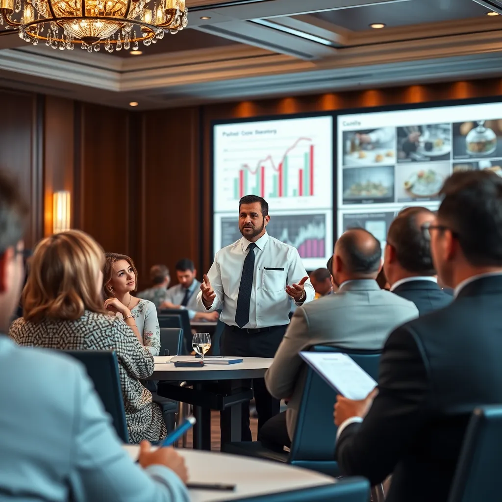 An elegant conference room with a well-dressed catering expert giving a presentation. Attendees are taking notes and asking questions. The background includes charts and images on a large screen, suggesting in-depth analysis and professional expertise.
