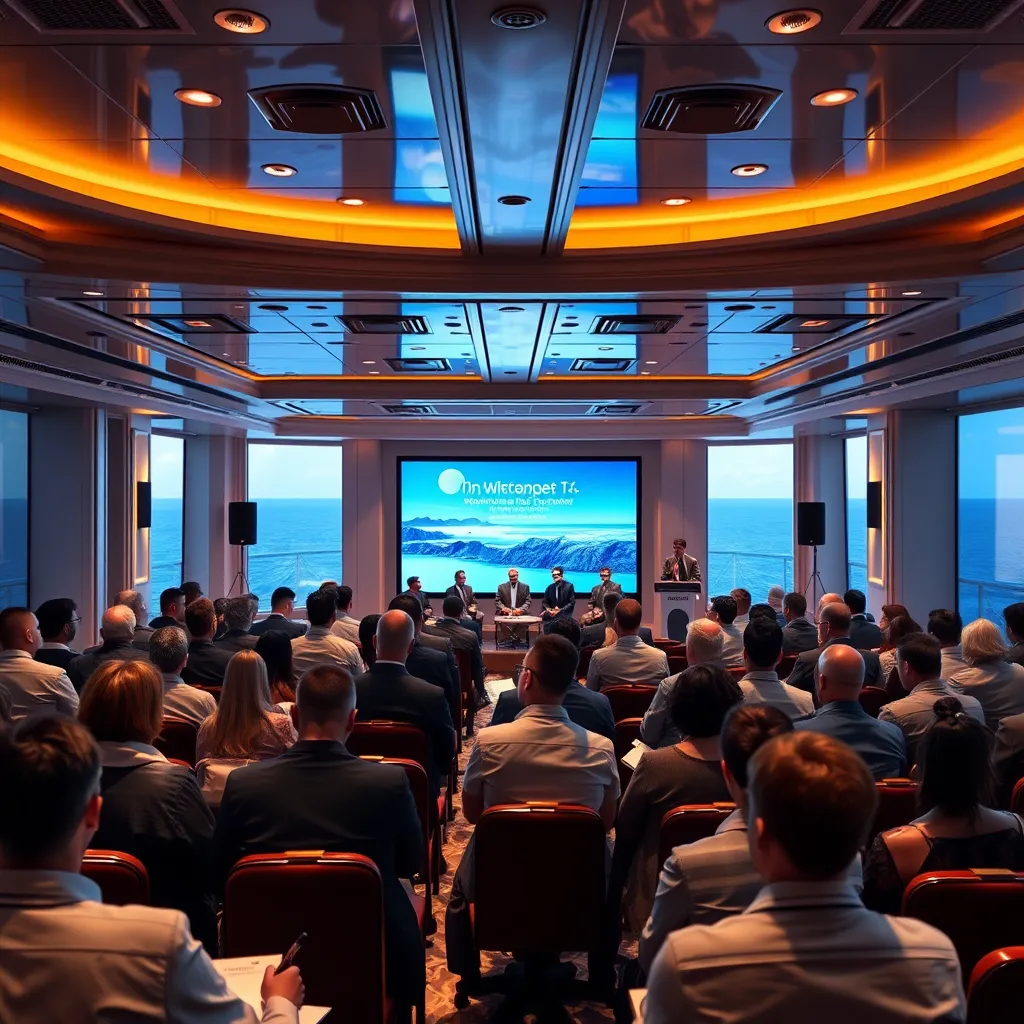 An elegant cruise ship conference room filled with participants attentively watching a panel discussion on a large screen. Some are taking notes, while others engage in group discussions. The window shows a panoramic ocean view, enhancing the atmosphere.