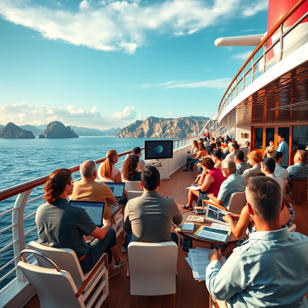 An elegant cruise ship cruising past scenic landscapes, with a group of diverse passengers attending a workshop on deck. Presentation screens and materials related to journalism around, vibrant colors and natural beauty complementing the educational atmosphere.