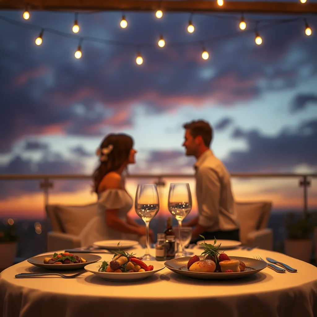 An elegant dinner setup for two on a rooftop terrace during sunset; soft fairy lights twinkling overhead, a beautifully plated gourmet meal on the table, symbolizing a romantic evening designed to strengthen bonds and foster intimacy.