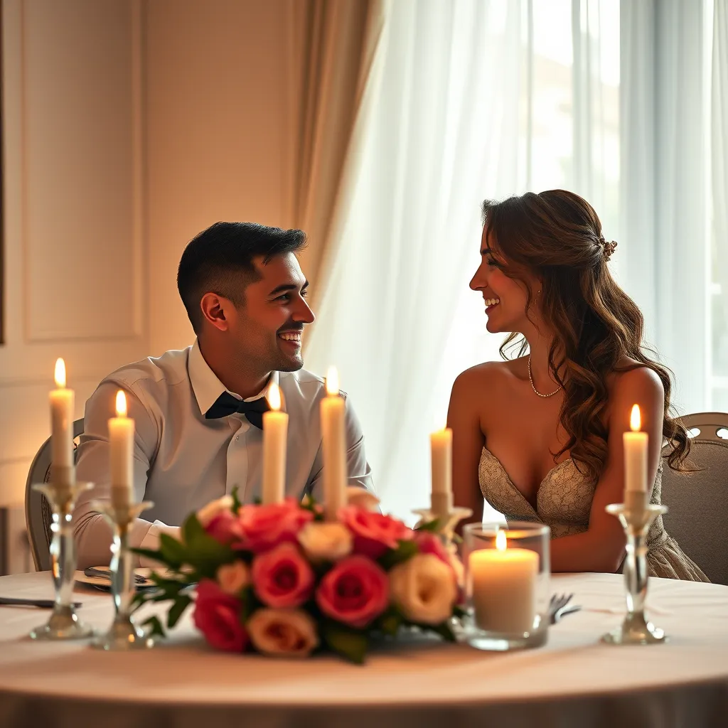 An elegant table setting for two, adorned with candles and fresh flowers. A couple is engaged in deep conversation, smiling and maintaining eye contact. The background shows a softly lit room, creating an intimate atmosphere perfect for romance.