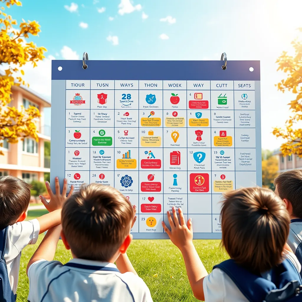 An engaging calendar layout featuring colorful icons representing various school events such as sports days, cultural shows, and academic meetings. The background should depict a sunny school landscape with students peeking at the calendar, excited about the events.