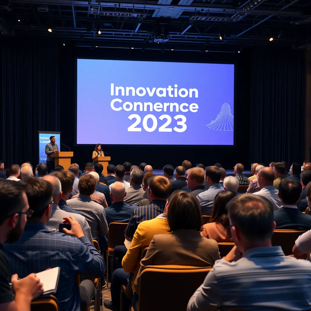An engaging conference scene with speakers on stage presenting to an audience. The backdrop should include a large screen displaying 'Innovation Conference 2023'. The atmosphere should be lively, with participants taking notes and interacting.