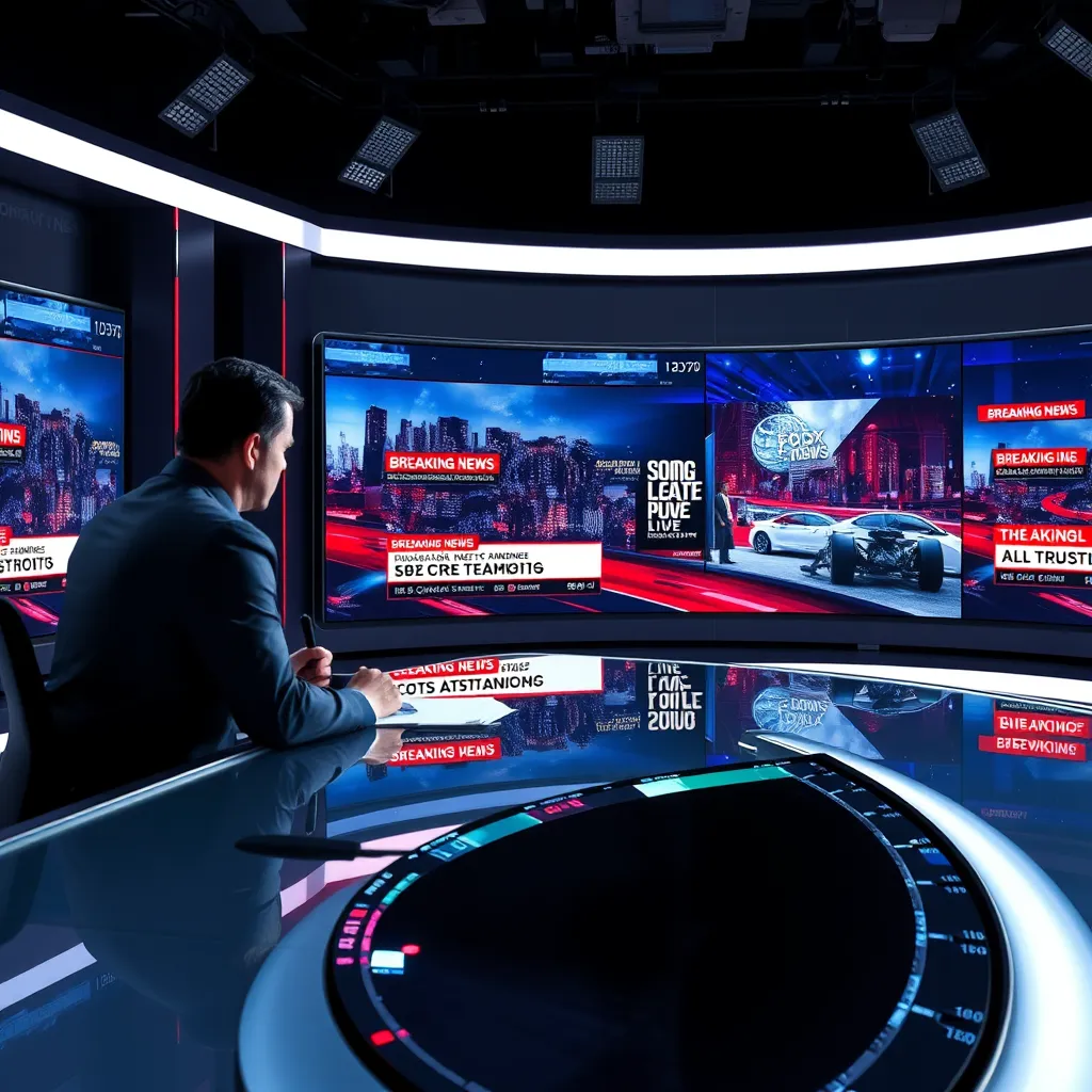 An engaging image depicting a news desk with multiple screens displaying breaking news updates. A journalist is visibly reporting live, with graphics illustrating timelines and breaking news alerts, creating an atmosphere of urgency and immediacy.