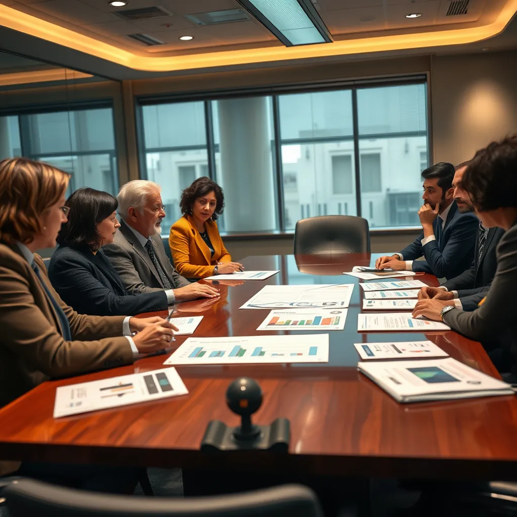An engaging image showing a diverse group of policymakers discussing housing regulations in a conference room. There are documents and charts related to housing laws on the table, emphasizing a collaborative environment.