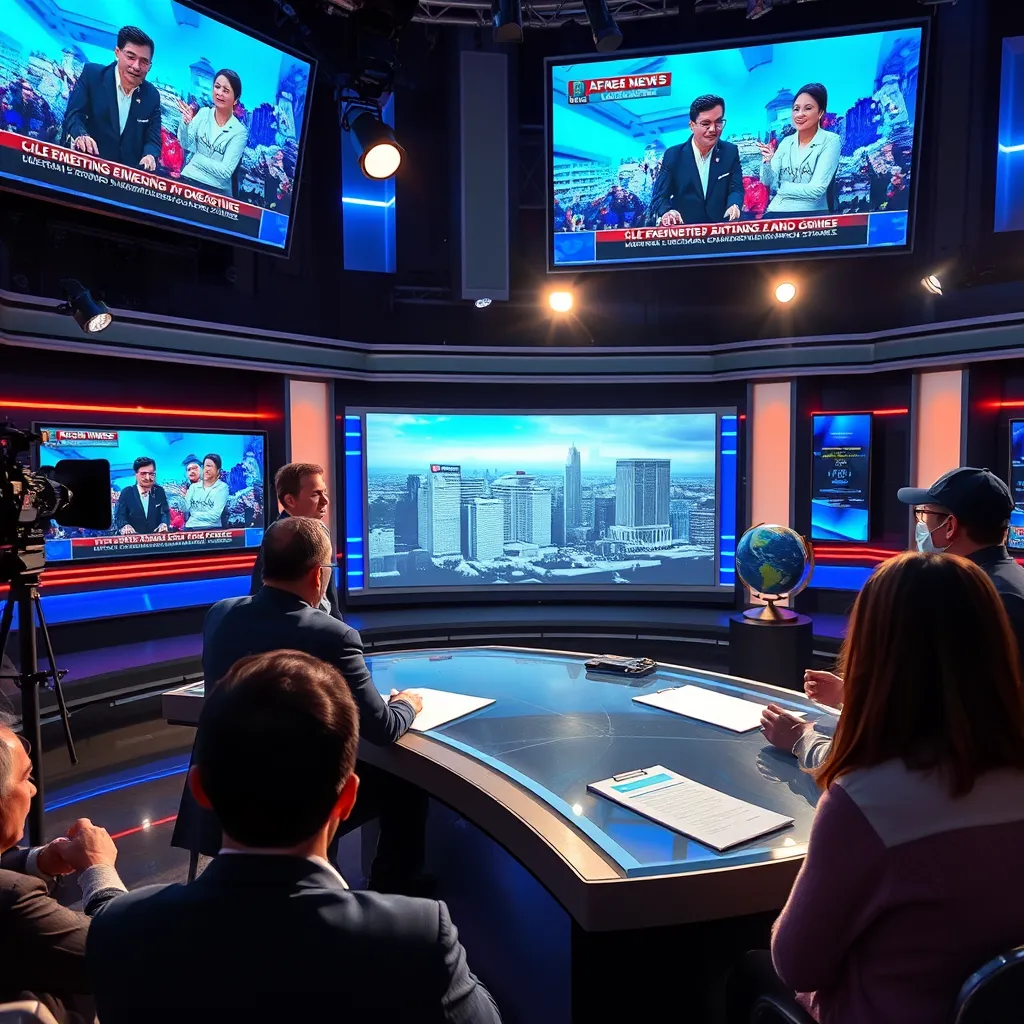 An engaging live news coverage studio, featuring a well-lit set with high-tech screens displaying live feeds of emerging stories. The scene captures a dynamic news anchor speaking directly to the camera, engaging with an attentive audience. The lighting is dramatic, focusing on the anchor while subtly illuminating the background. A rich color palette of blues and silvers creates a modern and professional ambiance. The camera angle is slightly elevated, showcasing the intricate details of studio equipment and graphics. Textures of smooth glass and sleek metal accentuate the cutting-edge technology used in news broadcasting. Props like microphones, scripts, and a globe add context and depth to the setting. The style is inspired by top international news networks, designed in hyper-realistic 8K resolution for stunning visual clarity, ensuring viewers feel present in the moment.