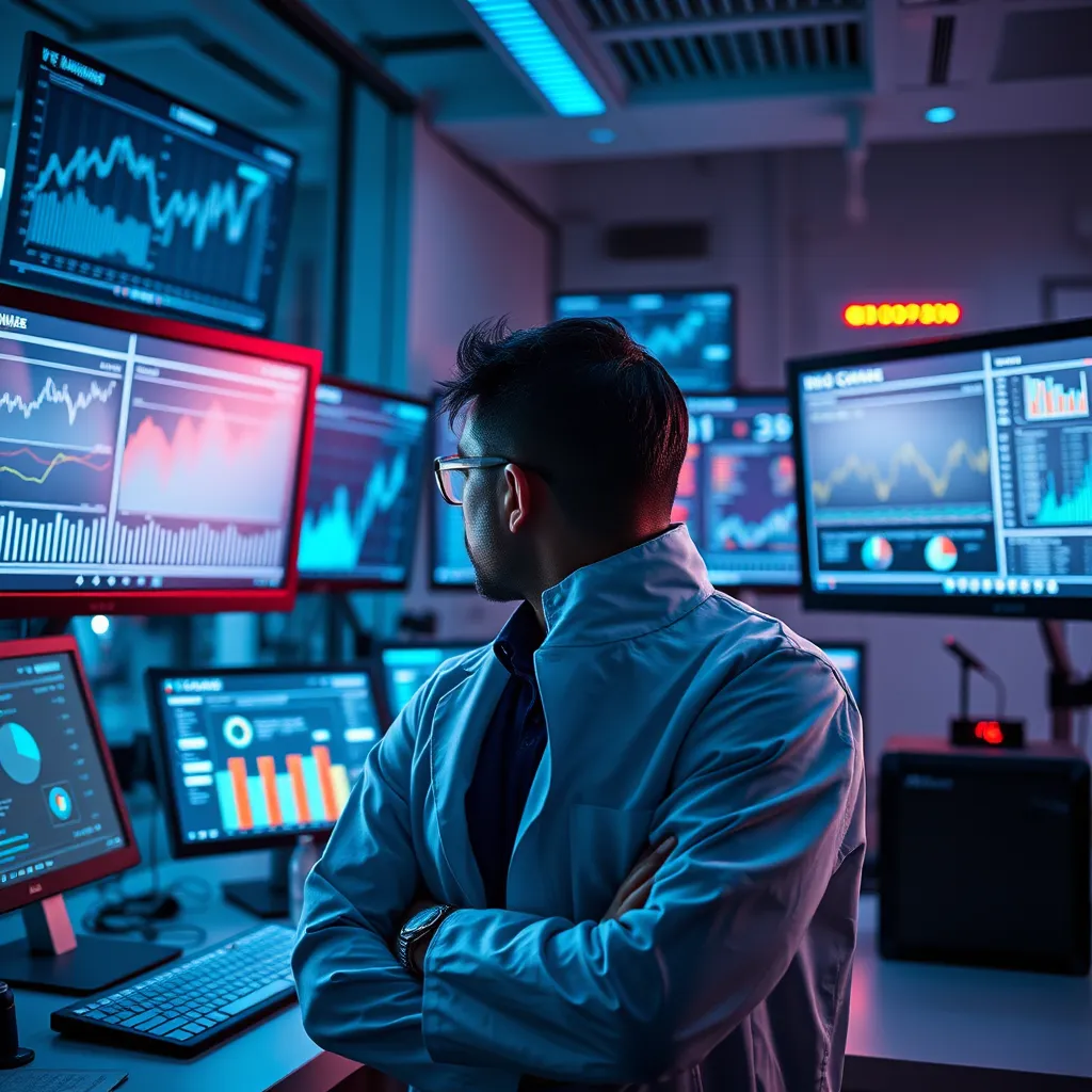 An engaging scene illustrating a researcher in a lab surrounded by monitors displaying data trends and statistics. Include elements that suggest innovation such as graphs, charts, and technological devices in a modern laboratory setting.