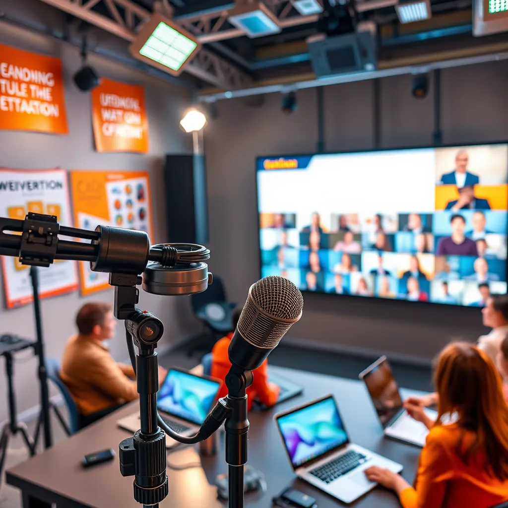 An engaging scene of a live webinar setup, showcasing a charismatic host speaking into a professional microphone. The background is a high-tech studio, decorated with educational posters and a large screen displaying the webinar title. The lighting is bright and focused on the host, creating a professional yet welcoming vibe. The color scheme is vibrant, featuring oranges and deep blues, fostering energy and connection. A bird's-eye view captures the host's dynamic movements while attendees appear on a video wall, participating in the discussion. Details such as the smooth texture of the microphone, the sleekness of the camera equipment, and the clarity of the screen are highlighted in the image. Elements like laptops and notebooks in front of virtual participants reinforce the interactive nature of the event. The style should reflect modern digital media production, aimed for hyperrealistic quality with 8K resolution and crisp detail.
