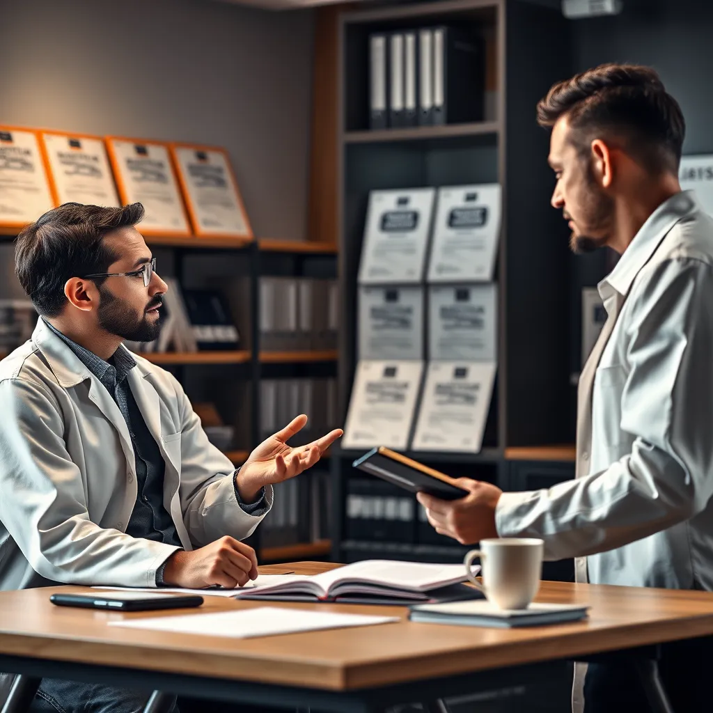 An engaging scene of a professional interview taking place in a modern office, with one expert discussing repair strategies and the other taking notes. The backdrop should include bookshelves with repair manuals and certificates, showcasing a professional environment of learning.