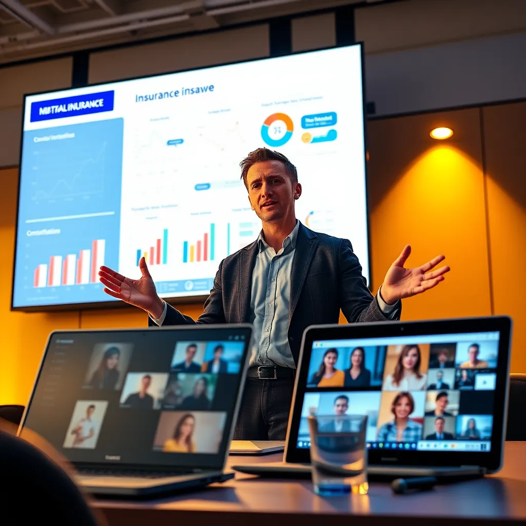 An engaging scene of a professional presenter speaking at a virtual webinar, with a large screen behind displaying insurance-related graphics. The lighting is bright and vibrant, creating an energetic mood, with a mix of warm yellows and cool blues. The camera angle is slightly angled down, capturing the presenter mid-sentence, animated and enthusiastic. The textures of the presenter’s outfit, an elegant blazer, and the digital backdrop displaying charts and infographics are sharp and detailed. In the foreground, a laptop is open, showing participants’ faces in small windows, adding to the interactive feel. Props include a microphone and a cup of water on the presenter’s desk. The overall vibe suggests innovation and engagement, perfectly reflecting the concept of modern learning. The image should be hyperrealistic with intricate details and 8K resolution to ensure clarity and immersive quality.