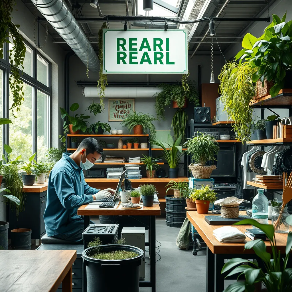An environmentally friendly repair shop with green plants, recycled materials, and technicians using sustainable tools. Include visuals like a sign indicating eco-awareness, products being repaired with natural materials, and a clean, modern workspace that emphasizes sustainability.