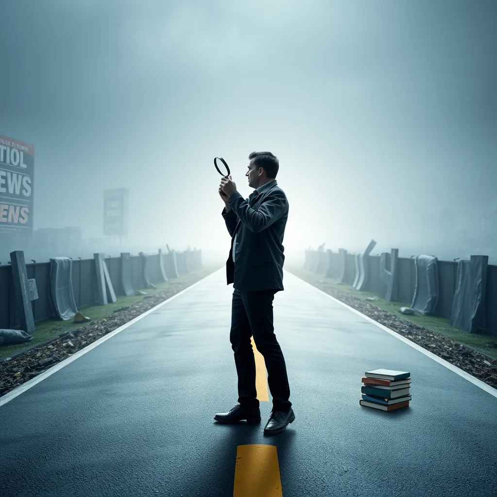 An ethical journalist standing at a crossroads symbolizing truth and misinformation. One path is filled with fake news imagery while the other is bright and clear, representing honest reporting. The journalist holds a magnifying glass, examining sources carefully, with books on media ethics nearby.