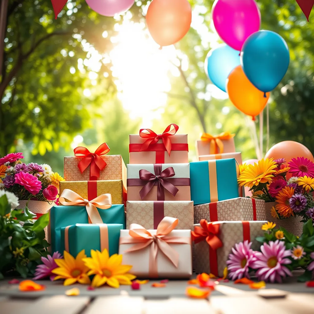 An eye-catching arrangement of gifts designed for various occasions including birthdays, anniversaries, and holidays. The setting features a bright, airy outdoor garden during the daytime with natural sunlight streaming through greenery. The gifts are tastefully wrapped in colorful papers and ribbons, symbolizing joy and celebration. The camera captures a low angle shot focusing on a central gift pile, highlighting texture details like glossy wrapping paper and hand-tied bows. Surrounding the gifts are vibrant flowers and decorative balloons, adding to the festive mood. The color palette is bright and cheerful, with pops of vibrant colors against a serene natural background. The style is inspired by lifestyle photography, showcasing these gifts in an inviting and cheerful atmosphere. Specifications include ultra-detailed imagery and 8K quality to convey every delightful detail.