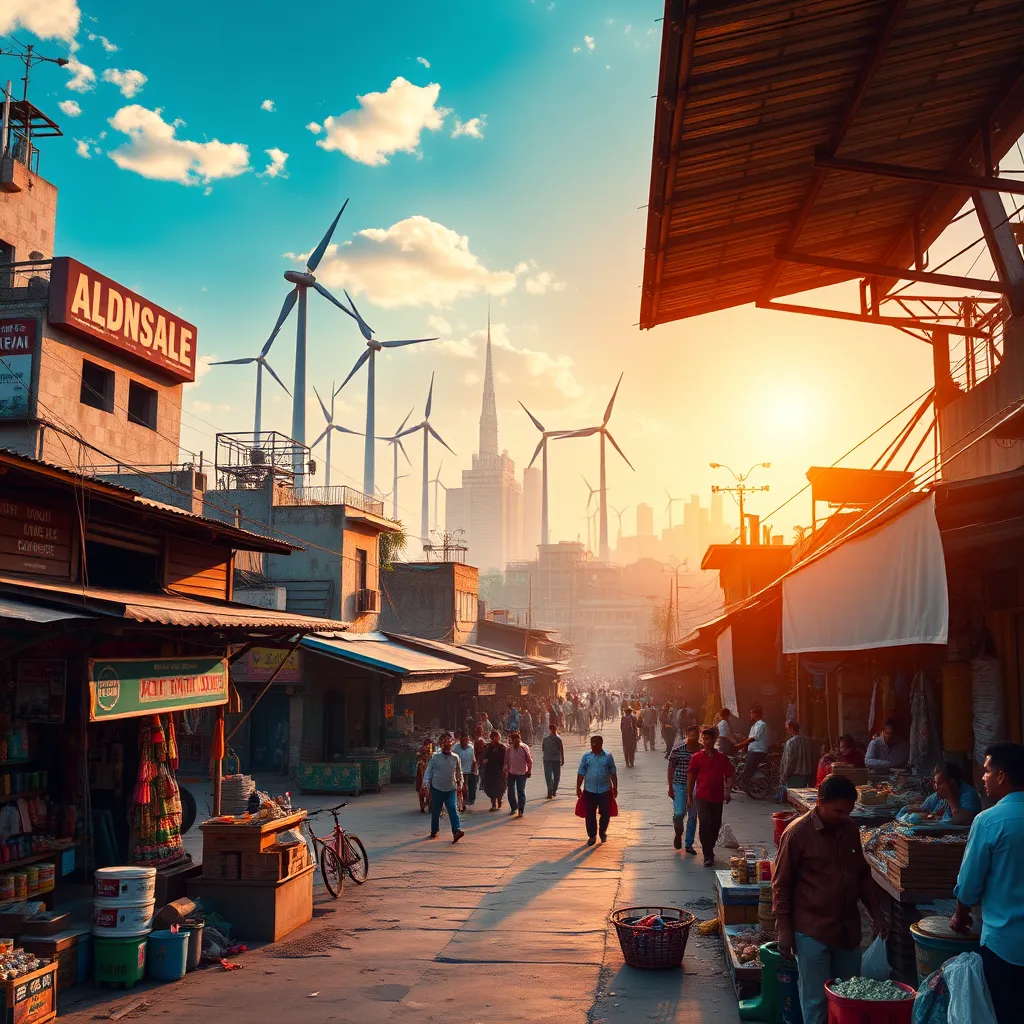 An eye-catching image of a thriving Indian marketplace with small businesses and stalls showcasing products, contrasted with a sunny skyline featuring modern tech companies and green energy installations like wind turbines and solar panels, illustrating economic vitality.
