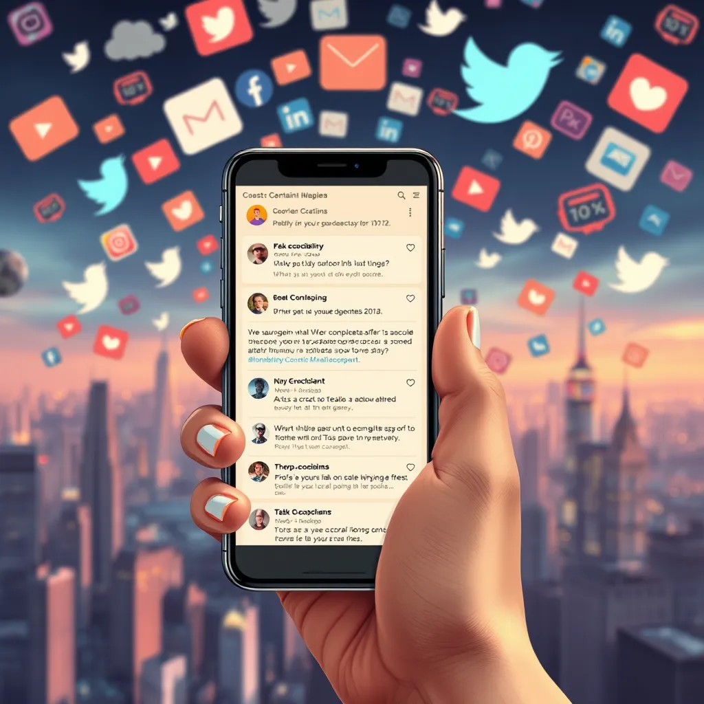 An illustration of a person's hand holding a smartphone displaying social media posts filled with complaints. In the background, various social media icons cloud the scene while a cityscape represents the social issues being discussed.
