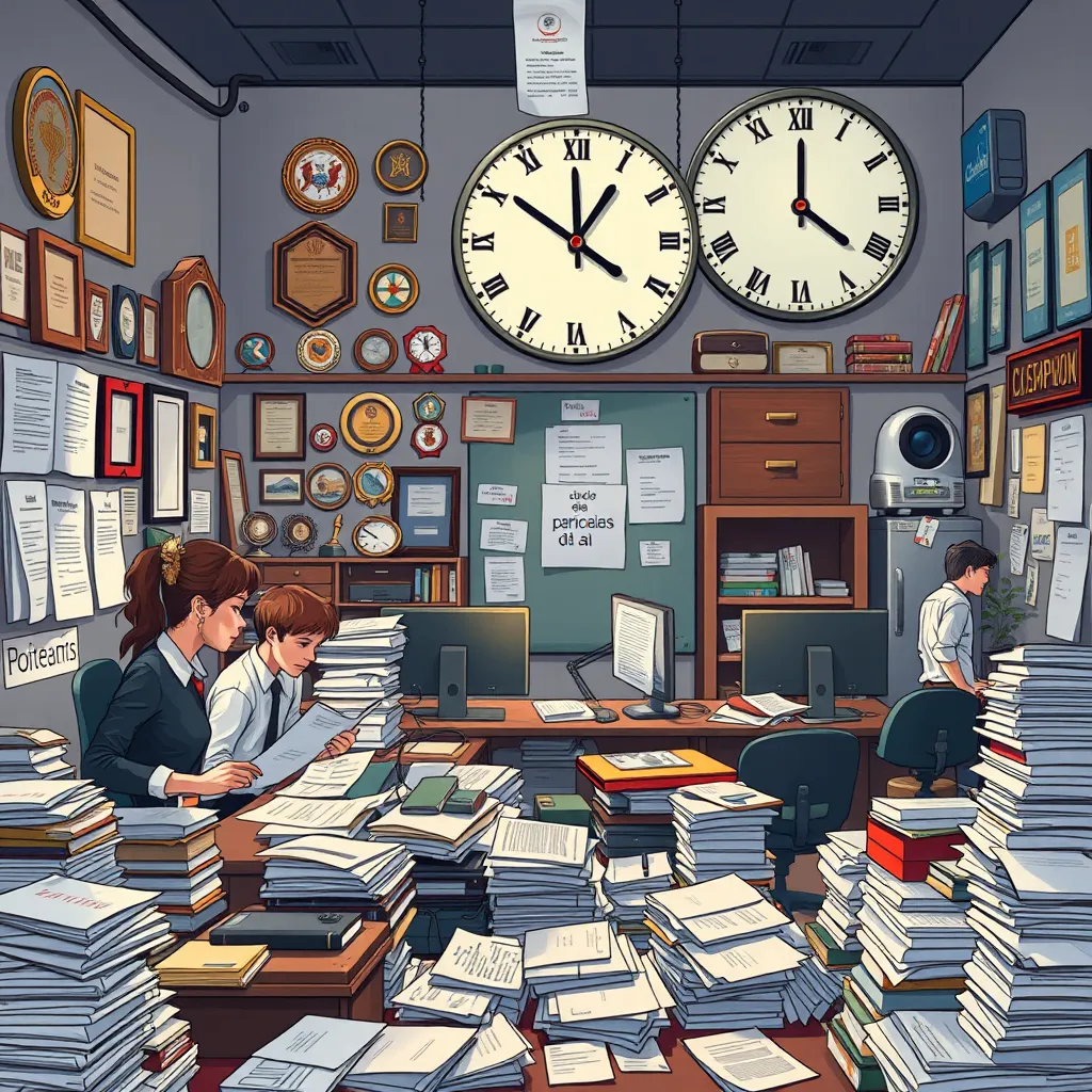 An illustration of a small Spanish news office with dedicated journalists working hard amidst piles of paperwork. Show a wall filled with awards and recognition but also a large clock indicating time constraints and a stressed atmosphere, capturing the challenges in the newsroom.