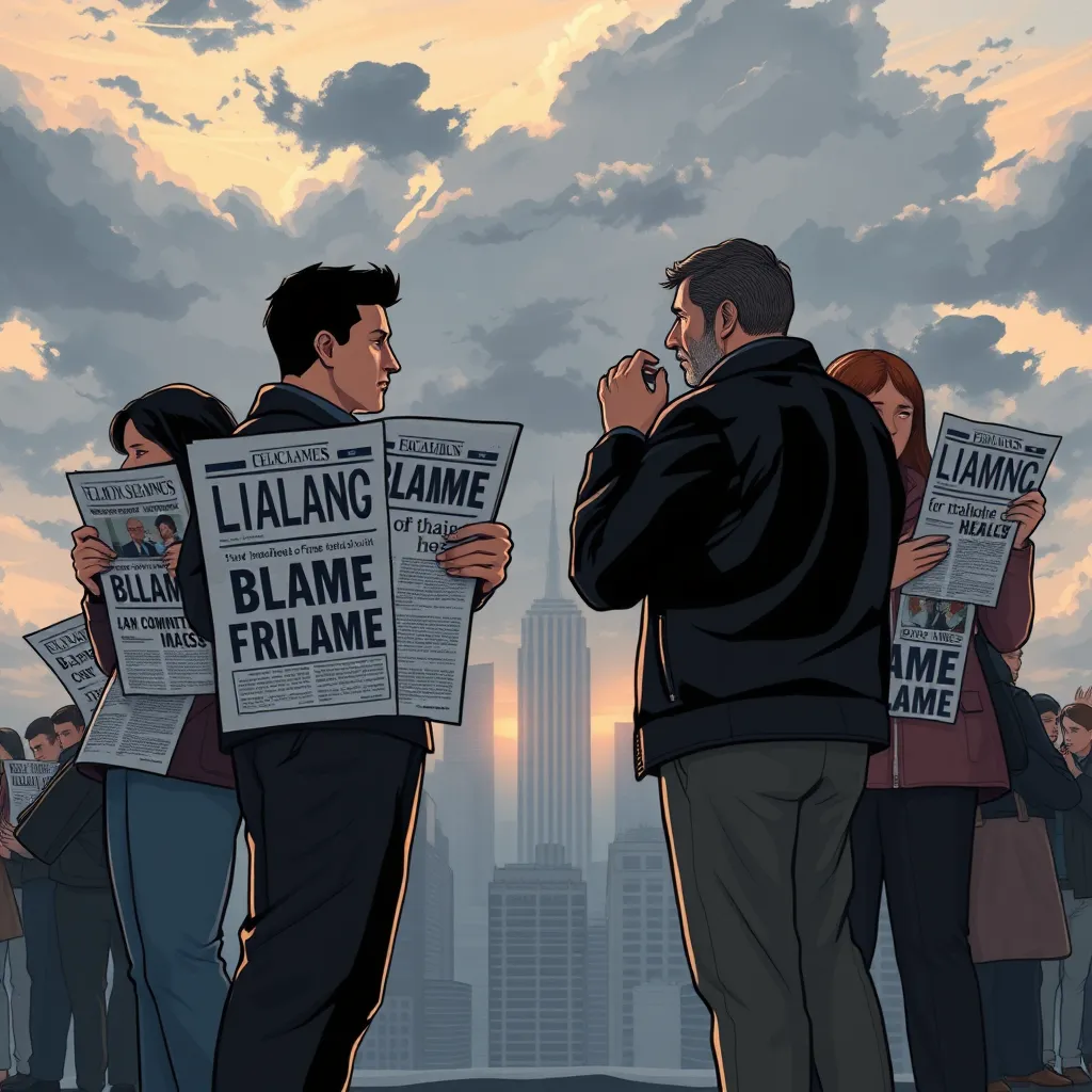 An illustration of two opposing groups standing face-to-face, with one group holding newspapers featuring blame-oriented headlines, while the other group appears frustrated, surrounded by dark clouds. The background should show a cityscape representing societal division.