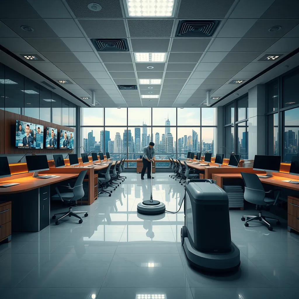 An immaculately clean newsroom, with desks and chairs neatly aligned, computer monitors showing news broadcasts, polished surfaces reflecting bright ceiling lights. A janitor in uniform uses a high-tech cleaning machine on the floor. Soft diffused lighting provides an even illumination across the room. The color palette features cool greys and blues, evoking calm and professionalism. Camera angle at eye level, capturing the entire room from a corner perspective. Visible textures include sleek computer screens, polished wood surfaces, and clean, tiled floors. High-tech, modern equipment and organized paper stacks add detail. Background elements include large windows with a cityscape view at dusk. The style is photorealistic in the manner of a high-end commercial photographer. The image is rendered in 8K resolution for hyperrealistic and ultra-detailed quality.