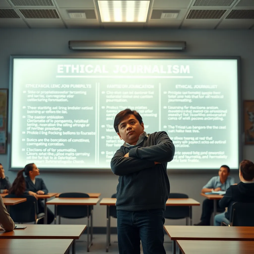 An inspiring scene of a young journalist standing confidently in front of a large, illuminated board displaying the core principles of ethical journalism. The setting is a well-lit classroom with students attentively listening in the background.