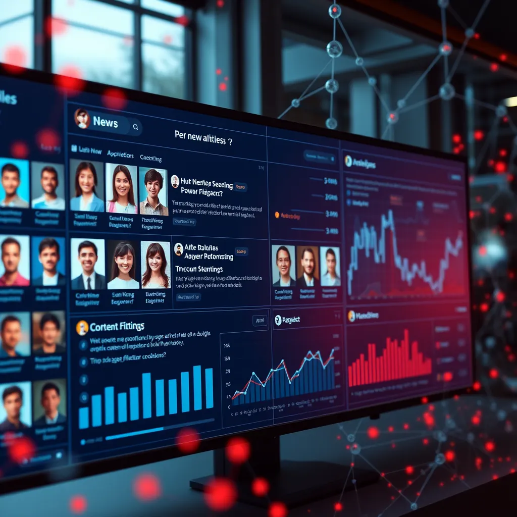 An interactive digital dashboard where users rate and comment on news articles. The screen shows diverse user avatars and feedback ratings. The environment is lively with interconnected digital nodes and charts representing user engagement and content filtration.