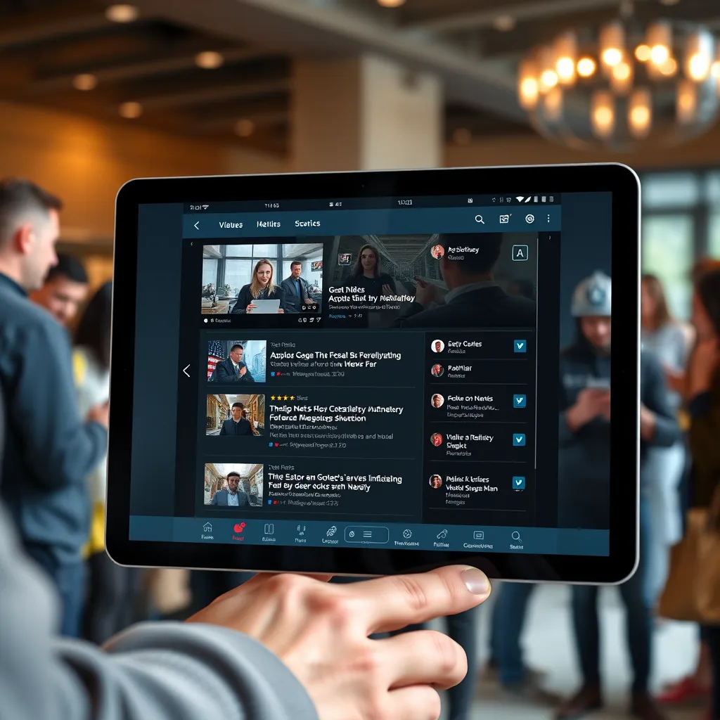 An interactive news app interface on a tablet screen, featuring video thumbnails, comment sections, and social media sharing options. In the background, a group of diverse people are gathered, discussing news topics and interacting with their devices.