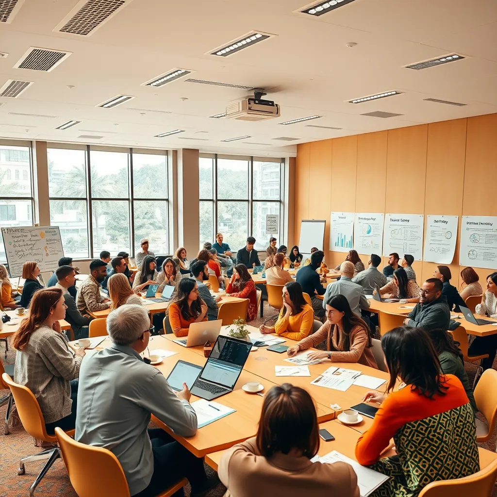 An interactive workshop in a bright, modern seminar room filled with engaged participants. The soft diffused natural light filters through large windows, creating a welcoming and inspiring ambiance. The color scheme features warm oranges, yellows, and earthy tones to foster creativity. The camera angle is slightly elevated, capturing the diverse audience gathered around tables with charts and strategy plans laid out. Textures include a combination of smooth tabletops and textured presentation boards. Environmental elements include whiteboards filled with notes, motivational quotes on the walls, and participants actively discussing in groups. Props like laptops, coffee cups, and flip charts are scattered throughout the scene. The visual style is reminiscent of innovative educational environments, focused on collaboration and engagement. Technical specifications include ultra-detailed, hyperrealistic imagery in 8K resolution to emphasize the vibrancy and dynamism of the workshop.