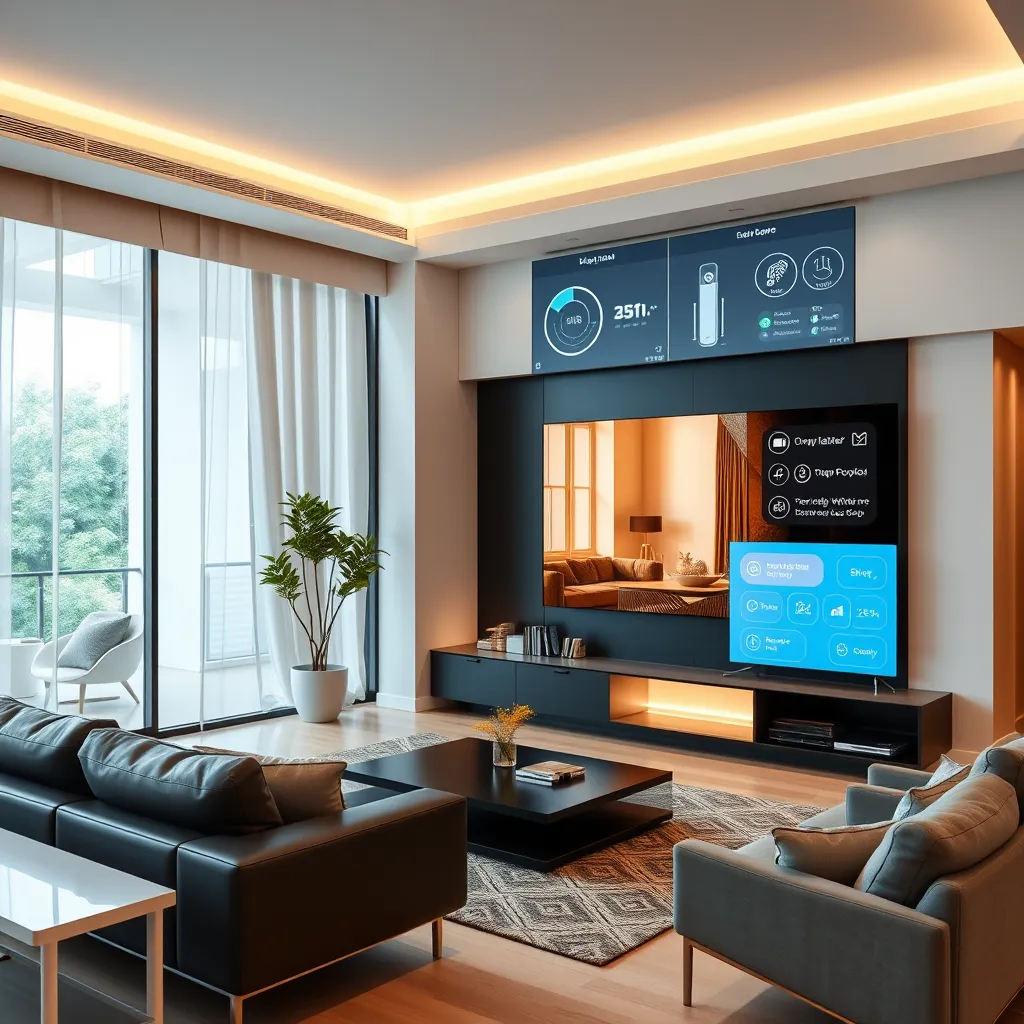 An interior view of a stylish, modern smart home showcasing digital interfaces for lighting, temperature control, and security systems. The living room has sleek furniture, and a large screen displaying smart home controls, conveying modernity and technological advancement.