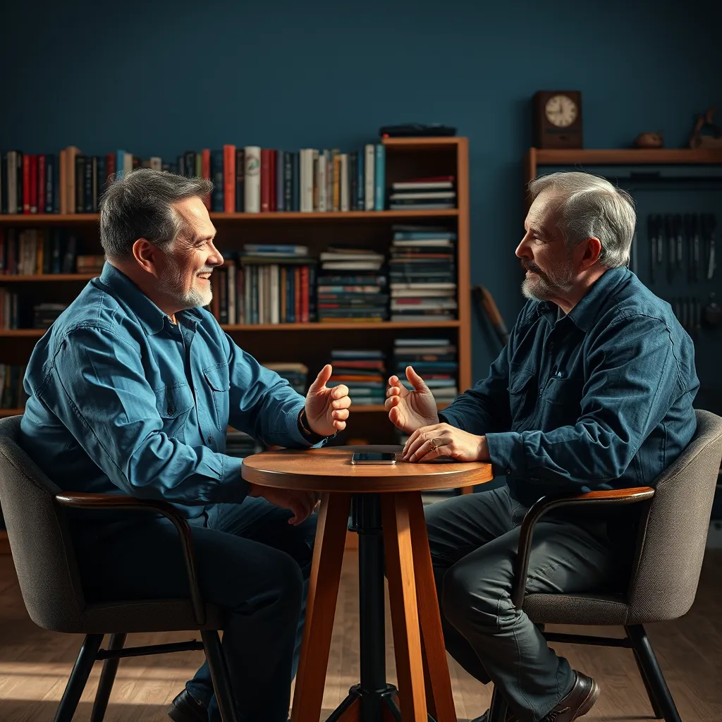 An intimate and engaging interview setting with two repair experts having a lively discussion around a small round table. Dramatic side lighting creates a contrast, casting shadows that add depth to the image. The color palette includes vibrant blues and rich wood tones that evoke professionalism and warmth. The camera angle focuses on the facial expressions of the individuals, capturing their engagement. The textures of their clothing contrast with the smooth surface of the table. In the background, a bookshelf filled with repair books and tools reflects a culture of knowledge sharing. Stylistically inspired by documentary photography, the image is in ultra-high resolution, hyperrealistic, and captures a moment of true interaction.