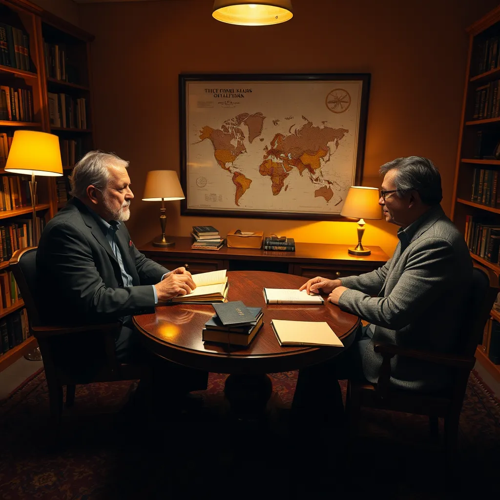 An intimate setting featuring a seasoned journalist conducting an interview with an expert on global affairs. The dimly lit room creates a contemplative atmosphere, with warm golden tones from strategically placed table lamps casting soft shadows. The focus is on the two subjects seated at a round wooden table, adorned with books and a notepad, suggesting a deep exchange of ideas. The camera captures a close-up view, highlighting the expressions of engagement and intensity. The textures of the room include a rich carpet, wooden bookshelves filled with research materials, and the warm hue of the walls. In the background, a world map is framed, emphasizing the global perspective of the discussion. The image is ultra-detailed, styled in the manner of classic portrait photography and rendered in 8K resolution to bring every nuance to life.