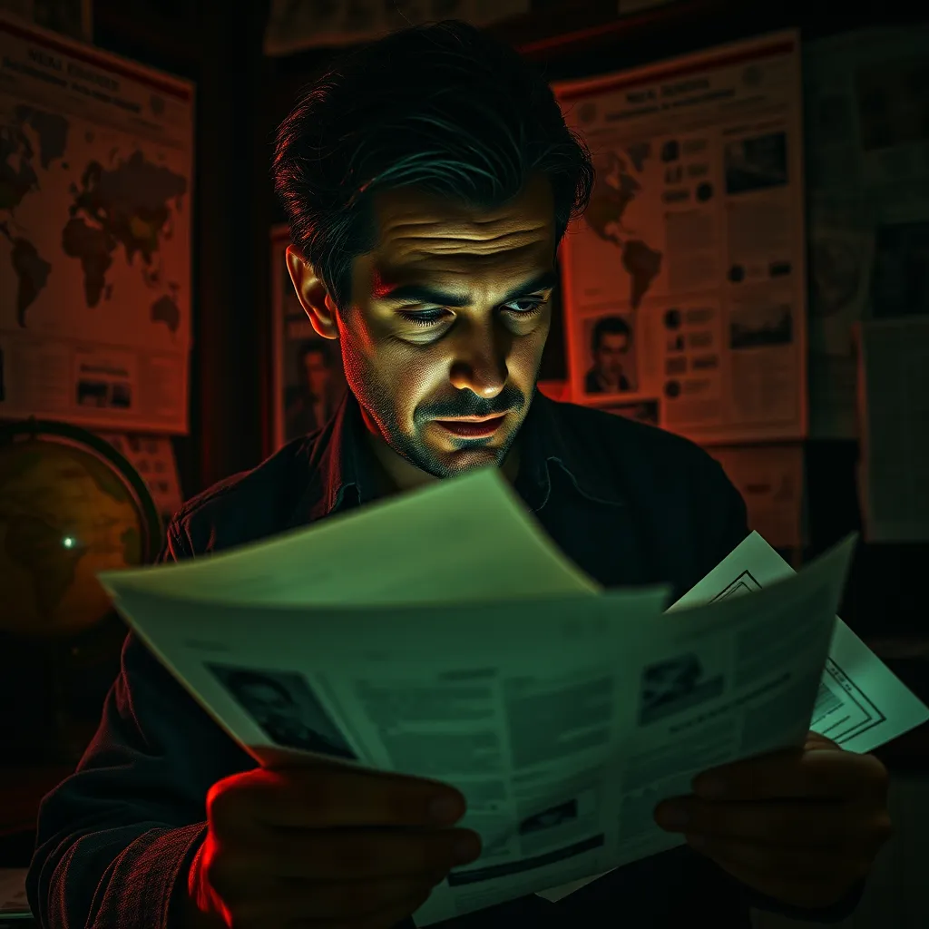An investigative journalist reviewing documents and photographs in a dimly lit room, surrounded by maps and data on the walls. The scene conveys a sense of urgency and focus with dramatic side lighting illuminating the journalist's face. The color palette includes deep reds and dark greens, evoking a mysterious and serious mood. The camera perspective is close-up, emphasizing the intricate details of the paperwork and the journalist's intense expression. The textures of paper, wood, and fabric create a tactile quality, while environmental elements like a vintage globe and various news clippings enhance the setting. The composition is inspired by classic noir film aesthetics, presented in ultra-detailed, hyperrealistic style at 8K resolution.