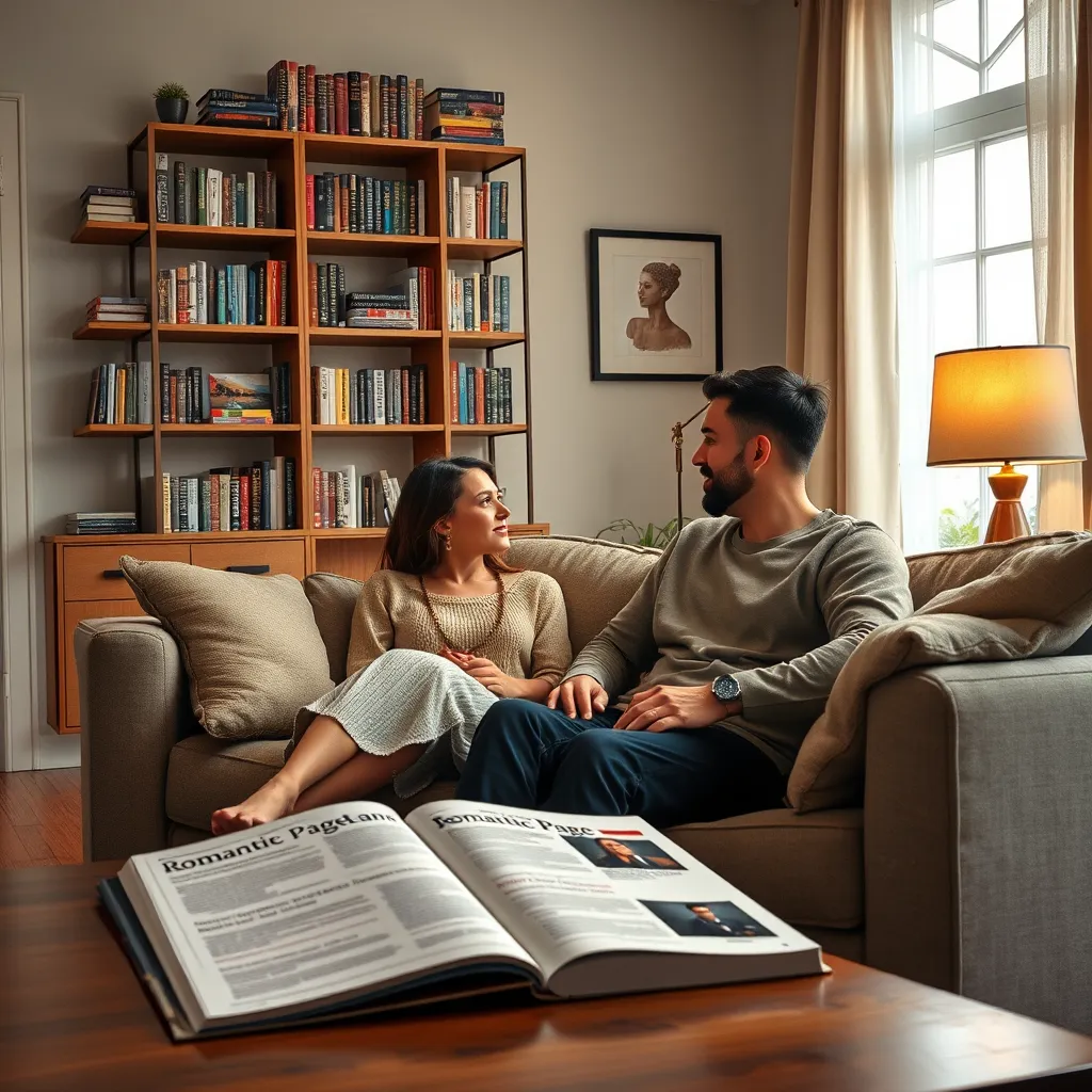 An inviting and well-lit living room featuring a couple engaged in a deep conversation while sitting on a sofa. In the background, a bookshelf is filled with self-help books, and a coffee table holds Romantic Page Magazine opened to an advice column about relationships.