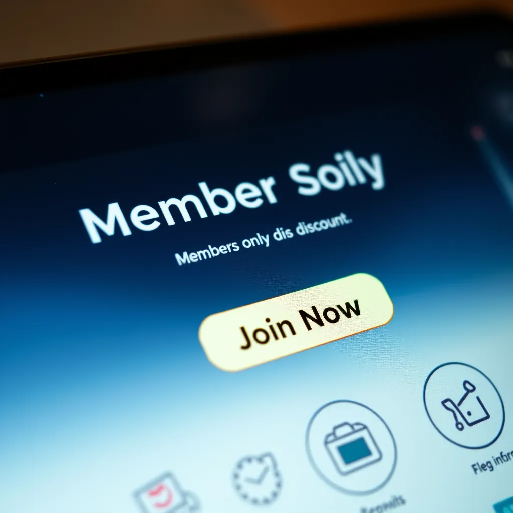 An inviting close-up shot of a computer or smartphone screen displaying an exclusive members-only discount webpage, with a bright 'Join Now' button, surrounded by icons representing various retail brands, emphasizing the idea of membership perks in online shopping.