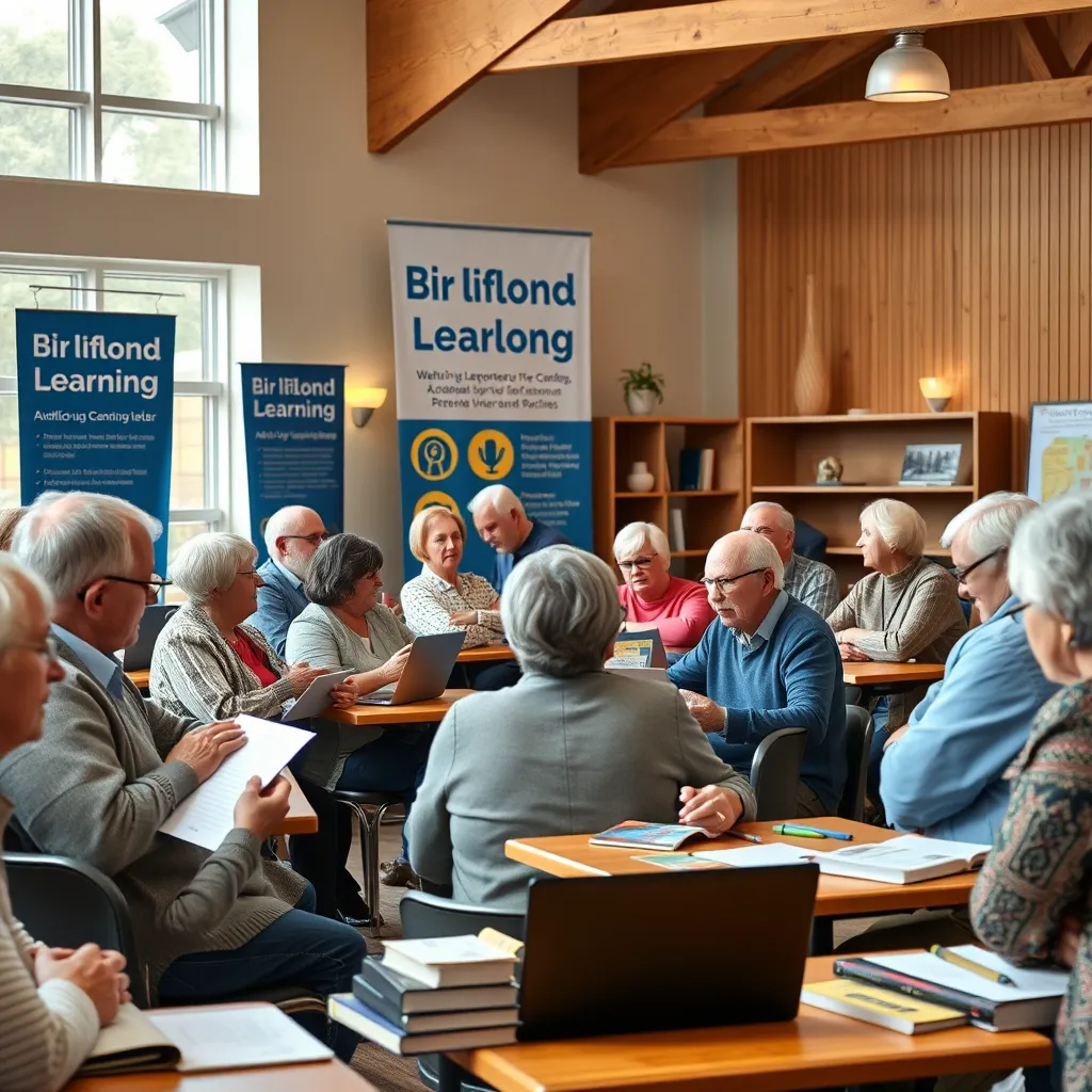 An inviting local community center with adults of various ages engaged in a workshop. Some are taking notes, while others are interacting with a speaker at the front. Include banners promoting lifelong learning and a diverse range of materials like books and laptops on tables.