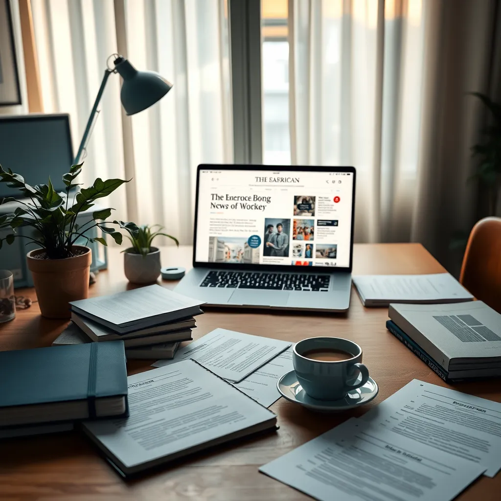 An inviting workspace scene depicting a well-organized desk with a variety of educational materials, like books, papers, and a laptop displaying news articles. Soft diffused lighting bathes the scene, creating a warm and inviting atmosphere. The color palette features calming blues and greens, enhancing the feeling of tranquility. The camera angle is slightly elevated, giving an overview of the desk while focusing on the laptop. The textures of the materials, such as the smooth wooden table, the strong fiber of the notebooks, and the glossiness of the laptop screen, are sharply rendered. A potted plant and a steaming cup of coffee are placed on the desk, adding life to the scene. Background elements include a window with flowing sheer curtains that let in gentle light. The style should evoke a contemporary workspace feel, reminiscent of lifestyle photography. Aim for 8K resolution with hyperrealistic details, emphasizing clarity and depth.