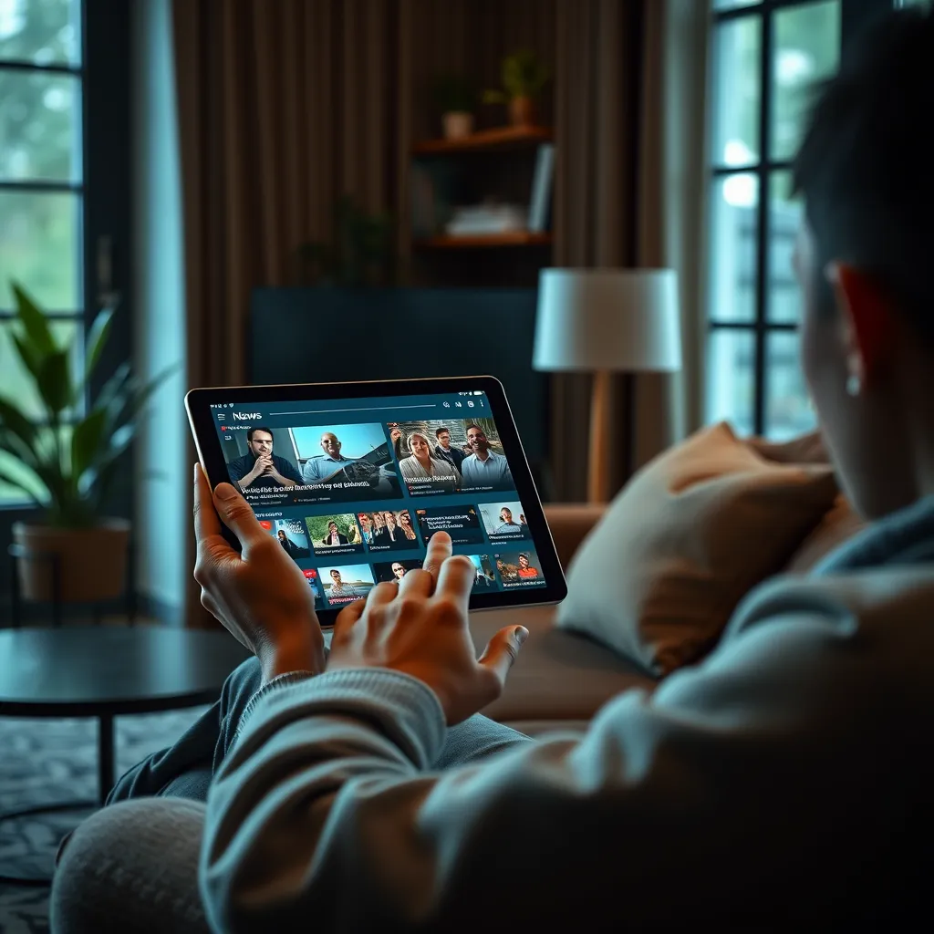 An inviting workspace where a person is interacting with a digital news app on a tablet. The screen shows a customized news feed with various categories and topics. The surrounding area is cozy and modern, emphasizing user engagement and personalization in news consumption.
