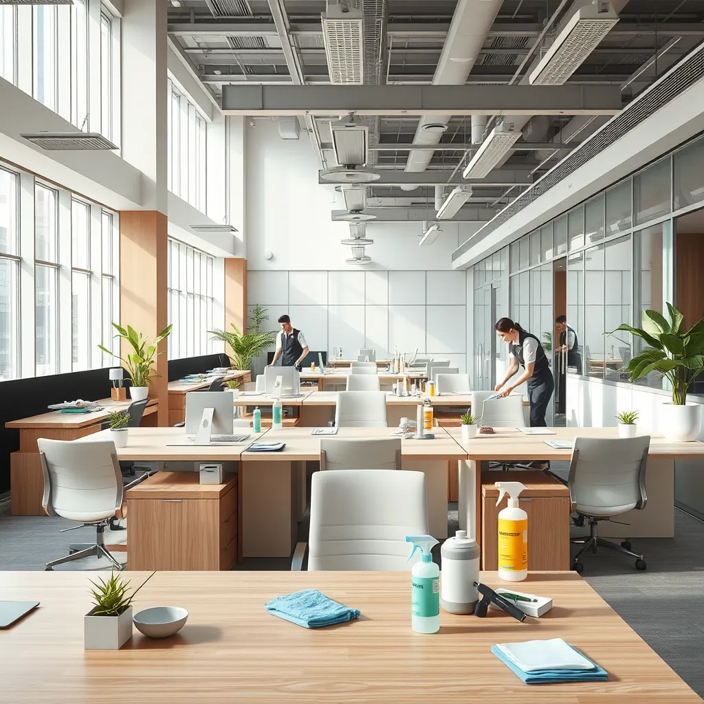 An open-plan office with spotless desks, chairs, and glass partitions. Cleaning staff in uniform meticulously dust and wipe surfaces. Natural sunlight floods the room through large windows. A balanced color palette with neutral tones like beige, white, and light wood creates a fresh, inviting atmosphere. The perspective is at desk level, emphasizing the clean environment. Visible textures include wood grain, smooth glass, and soft upholstery. Environmental elements feature potted plants, office supplies neatly organized, and modern office decor. Props include cleaning tools like microfiber cloths and environmentally-friendly cleaning sprays. The scene is captured in a photorealistic style reminiscent of high-end interior photography. Rendered in 8K resolution for extraordinary detail and realism.