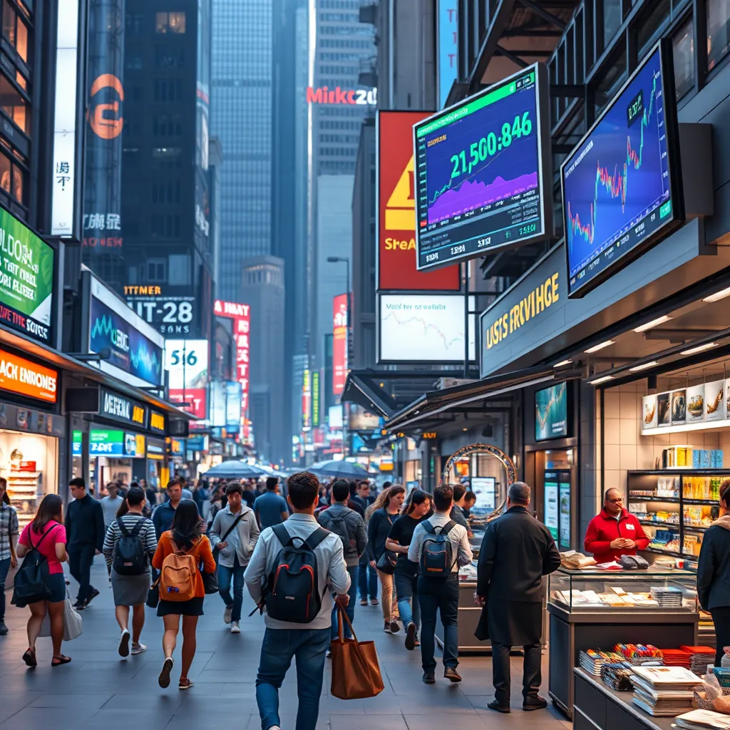 An urban setting with a bustling marketplace illustrating economic activity, showing various people shopping, entrepreneurs promoting their businesses, and financial graphs displayed on digital screens in the background, symbolizing economic growth.