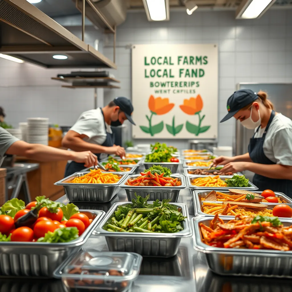 Caterers preparing dishes with fresh, organic ingredients in a kitchen with eco-friendly packaging materials like biodegradable containers. A sign highlighting local farm partnerships in the background.