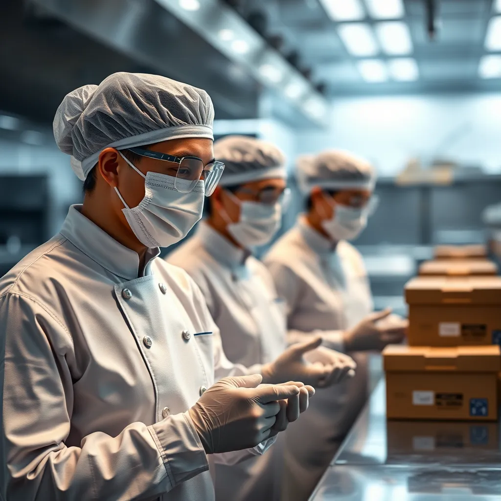 Catering staff in clean, sanitized uniforms and gloves, following strict hygiene protocols. Blurred background of a well-lit kitchen, emphasizing sanitation stations and contactless delivery boxes.