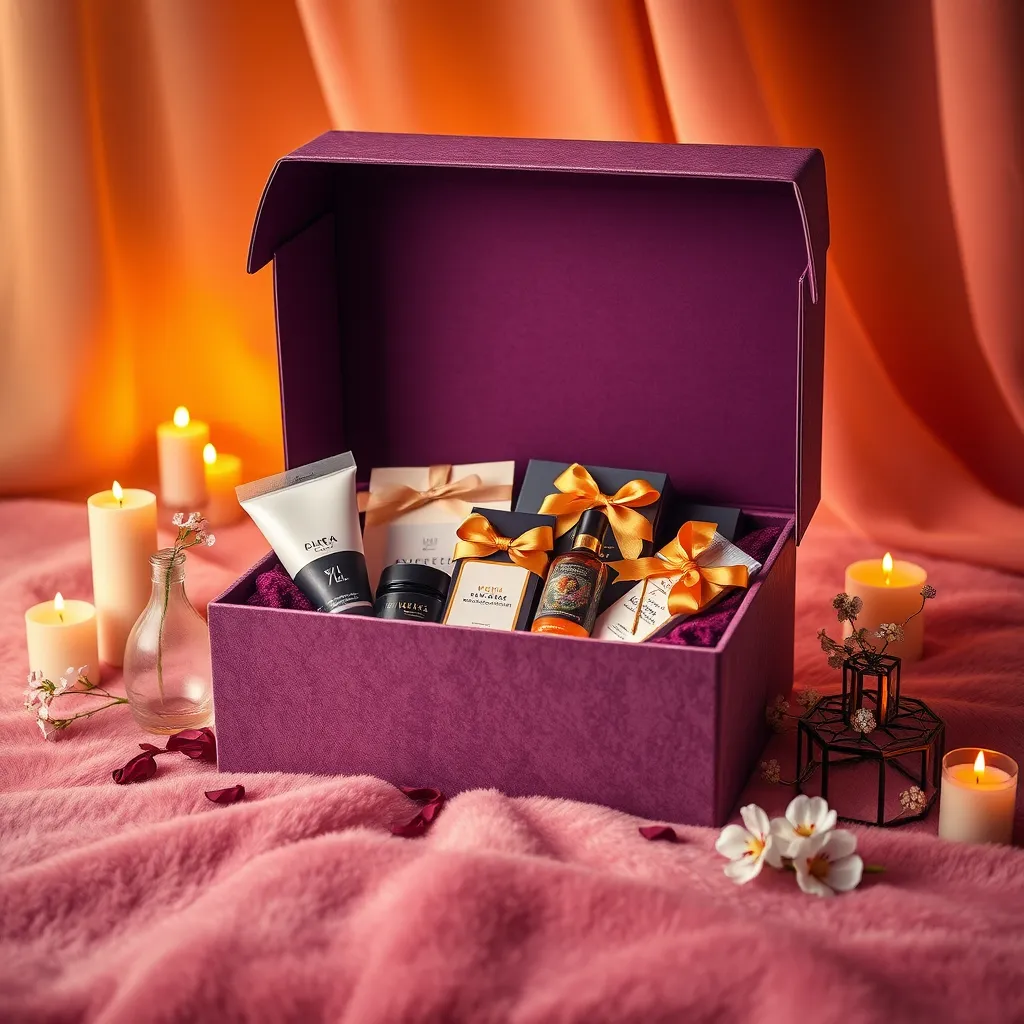 Craft a photorealistic image of a luxurious subscription box filled with premium products, placed on a plush velvet surface. The box is partially open, revealing beautifully wrapped items with elegant ribbons, suggesting exclusivity. The lighting is soft and inviting, with warm golden tones illuminating the box from above. The color palette features deep purples, golds, and rich whites, promoting a sense of luxury and elegance. Surround the box with delicate decorative items like candles and flowers, enhancing the ambiance. Capture this composition from a three-quarters perspective to showcase both the box and its contents prominently. Aim for high definition with every detail rendered in ultra-detailed, hyperrealistic quality, ensuring an inviting allure for potential subscribers in 8K resolution.